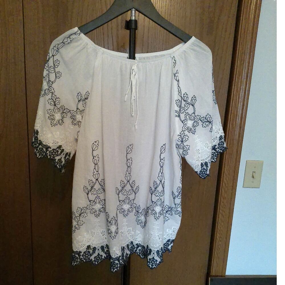 White Embroidered Peasant Blouse with Navy Trim